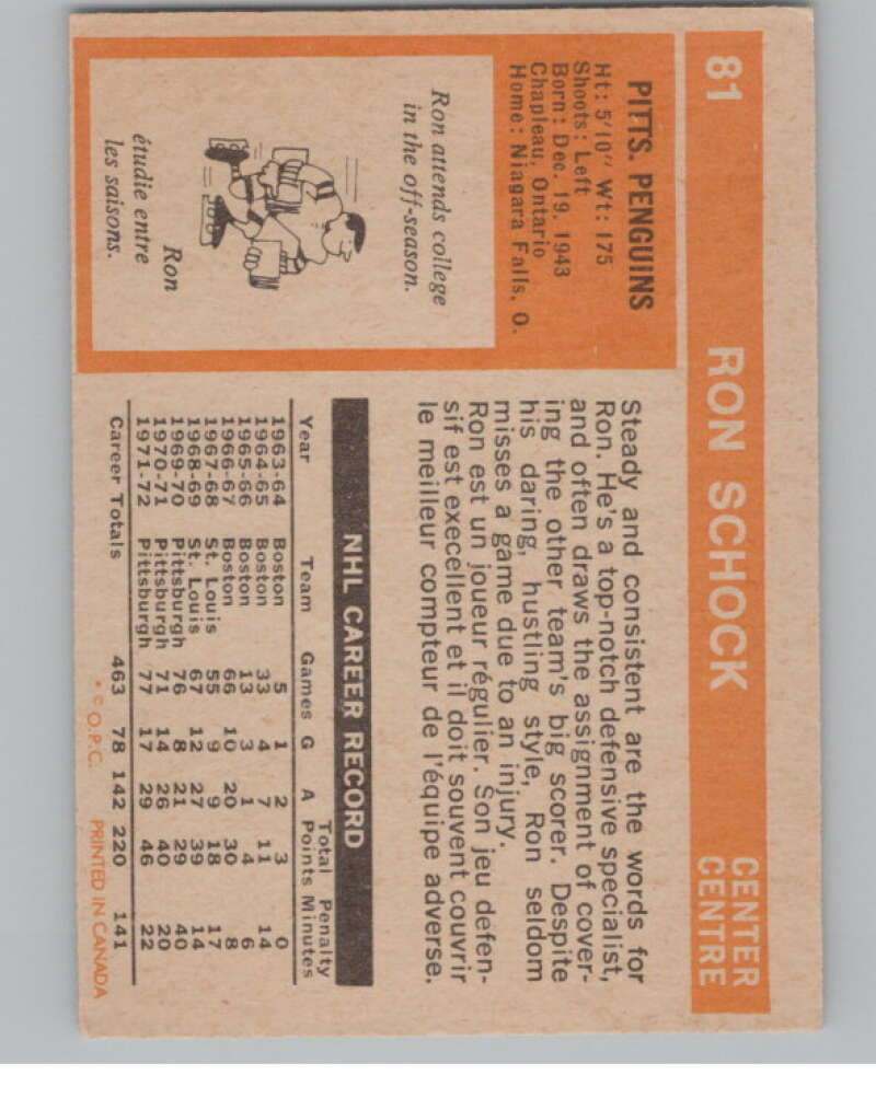 1972-73 O-Pee-Chee #81 Ron Schock  Pittsburgh Penguins  V99432 Image 2