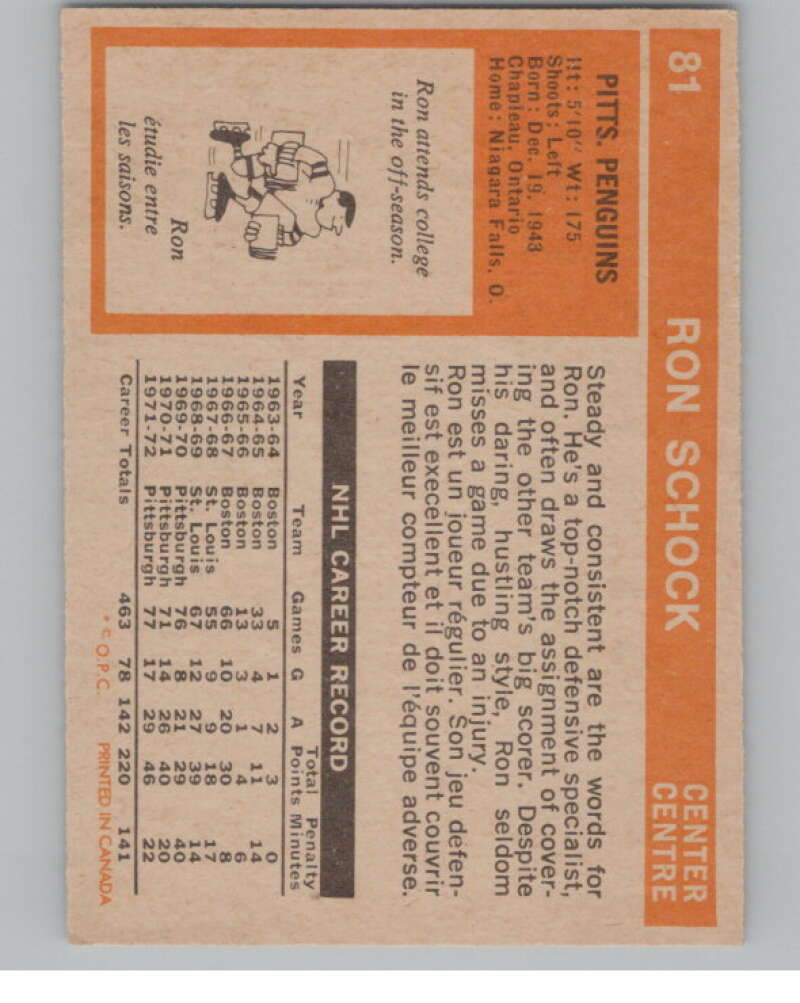 1972-73 O-Pee-Chee #81 Ron Schock  Pittsburgh Penguins  V99433 Image 2