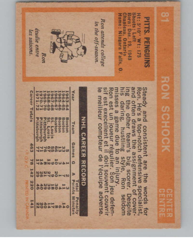 1972-73 O-Pee-Chee #81 Ron Schock  Pittsburgh Penguins  V99434 Image 2