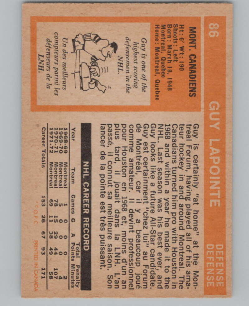 1972-73 O-Pee-Chee #86 Guy Lapointe  Montreal Canadiens  V99439 Image 2