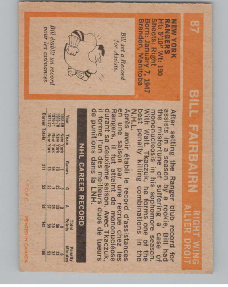 1972-73 O-Pee-Chee #87 Bill Fairbairn  New York Rangers  V99441 Image 2