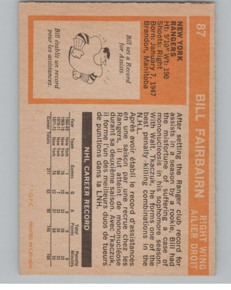 1972-73 O-Pee-Chee #87 Bill Fairbairn  New York Rangers  V99442 Image 2