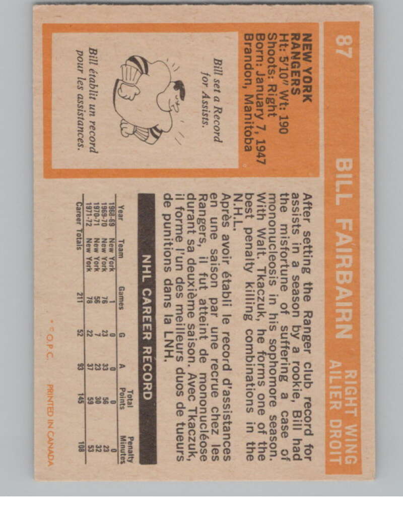 1972-73 O-Pee-Chee #87 Bill Fairbairn  New York Rangers  V99443 Image 2