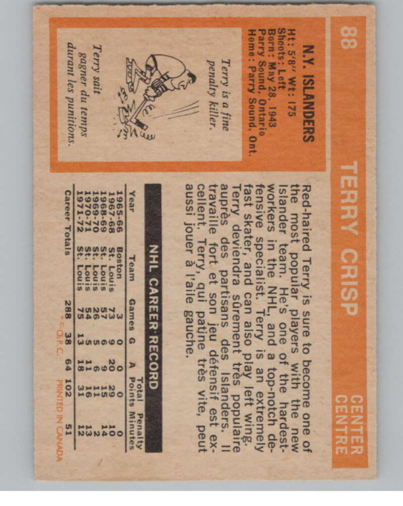 1972-73 O-Pee-Chee #88 Terry Crisp  New York Islanders  V99444 Image 2
