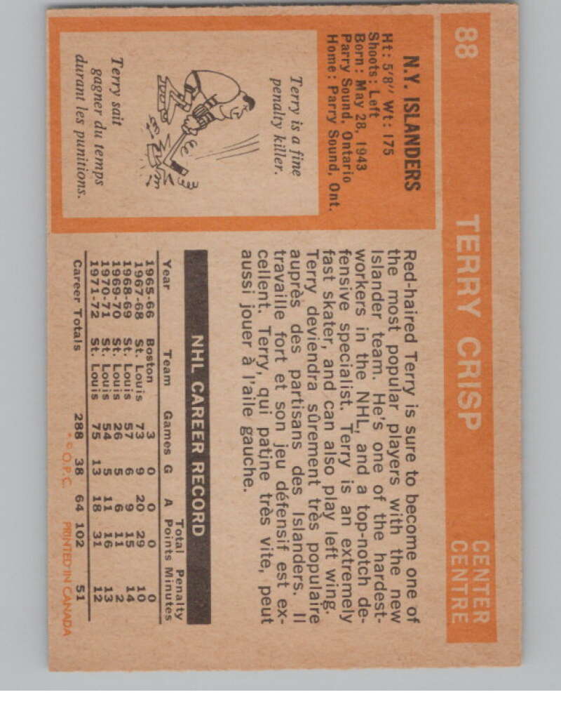1972-73 O-Pee-Chee #88 Terry Crisp  New York Islanders  V99445 Image 2