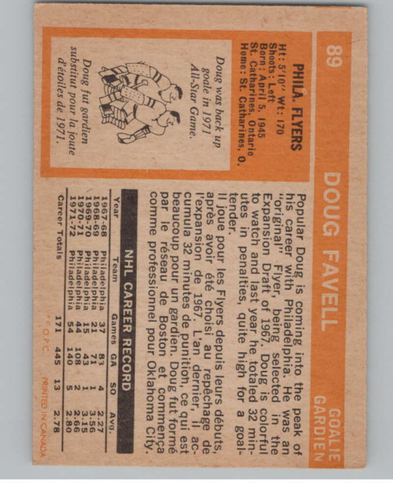 1972-73 O-Pee-Chee #89 Doug Favell  Philadelphia Flyers  V99446 Image 2