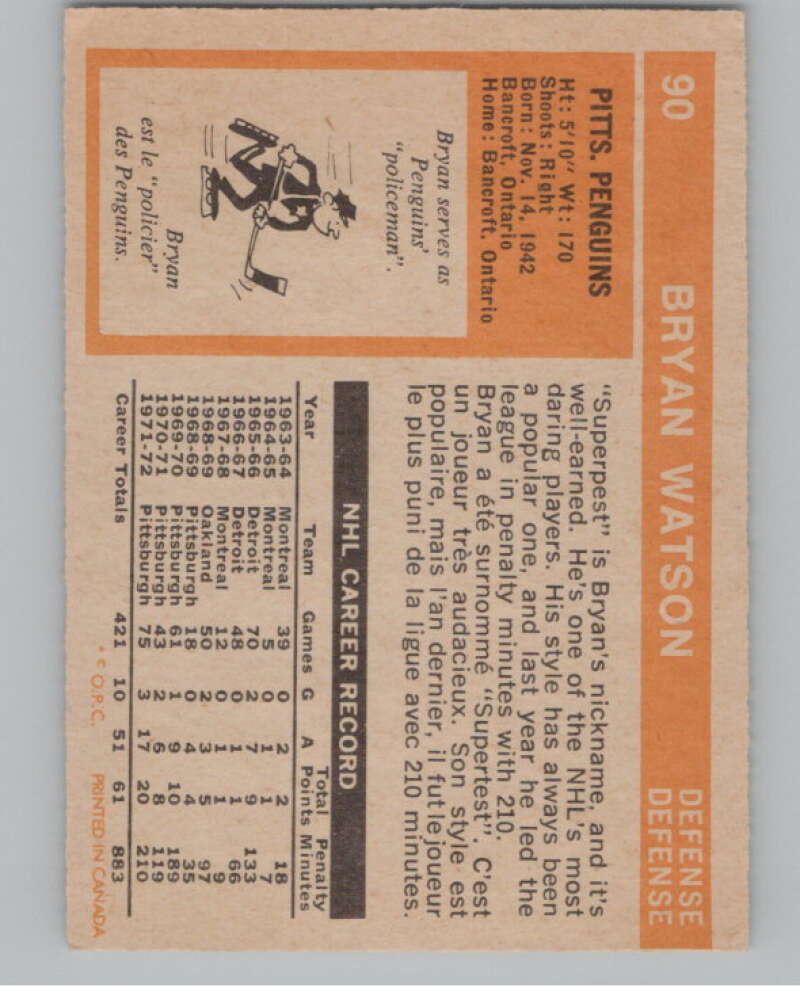 1972-73 O-Pee-Chee #90 Bryan Watson  Pittsburgh Penguins  V99449 Image 2