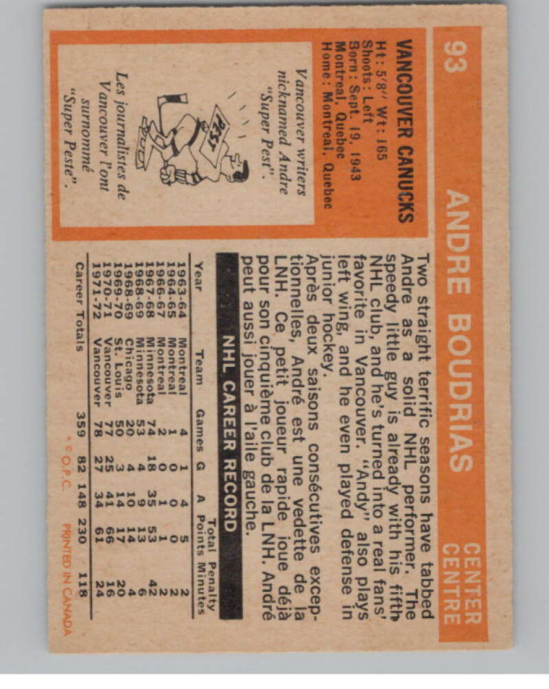 1972-73 O-Pee-Chee #93 Andre Boudrias  Vancouver Canucks  V99452 Image 2