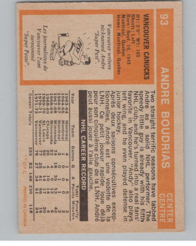 1972-73 O-Pee-Chee #93 Andre Boudrias  Vancouver Canucks  V99453 Image 2