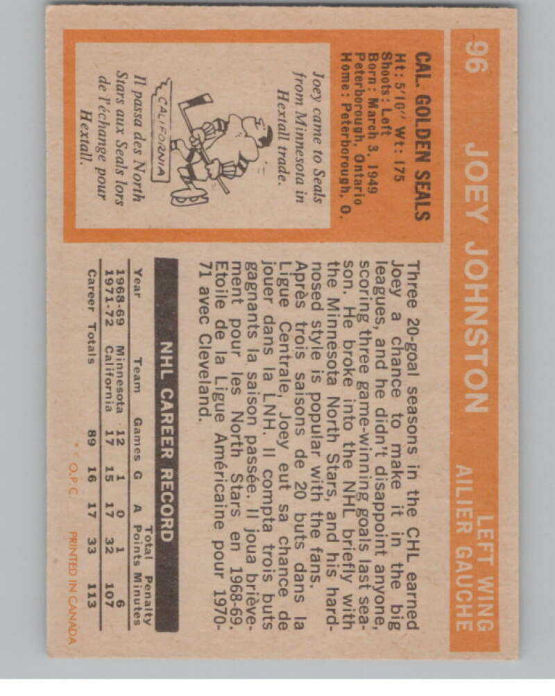 1972-73 O-Pee-Chee #96 Joey Johnston  California Golden Seals  V99457 Image 2
