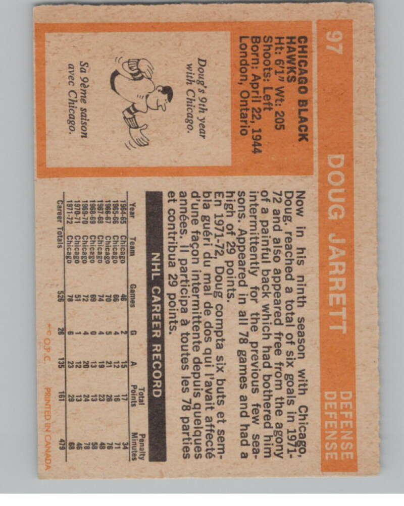 1972-73 O-Pee-Chee #97 Doug Jarrett  Chicago Blackhawks  V99458 Image 2