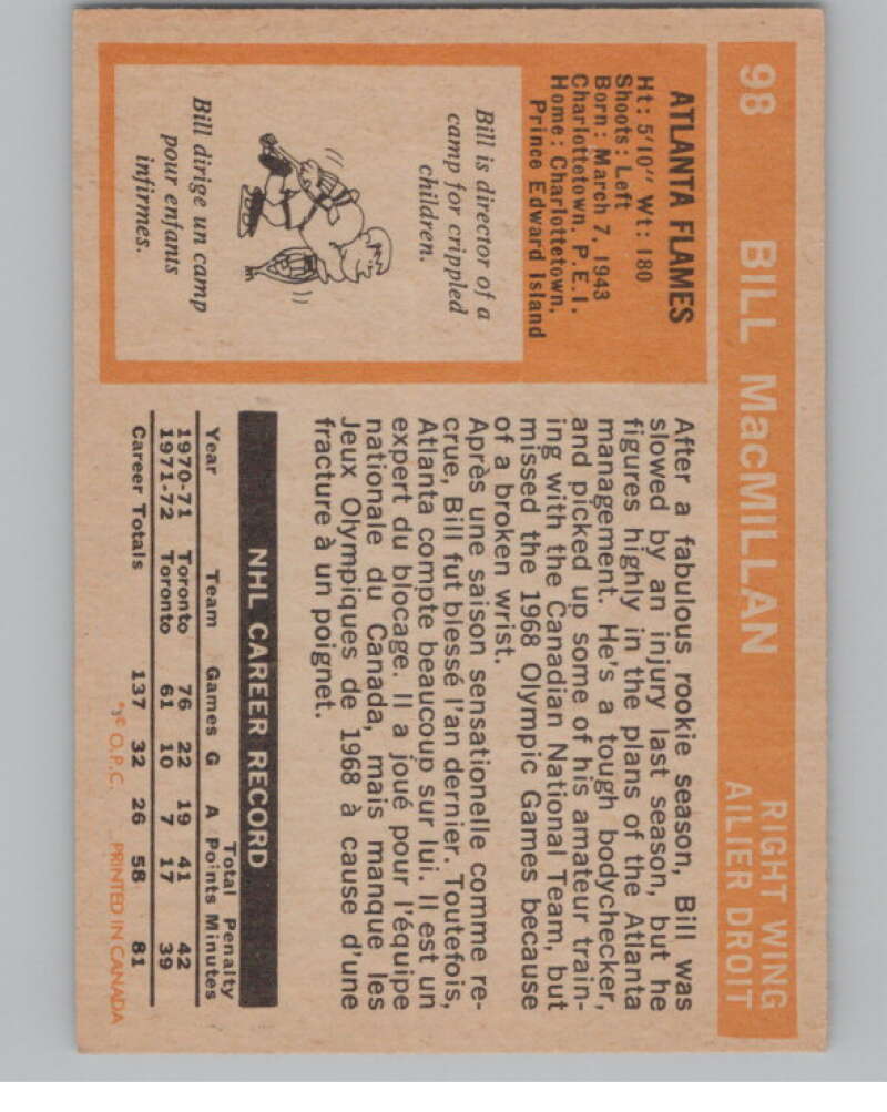 1972-73 O-Pee-Chee #98 Bill MacMillan  RC Rookie Atlanta Flames  V99459 Image 2