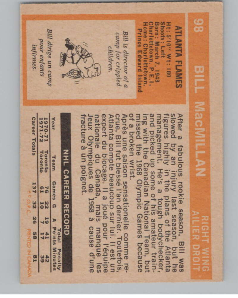 1972-73 O-Pee-Chee #98 Bill MacMillan  RC Rookie Atlanta Flames  V99461 Image 2