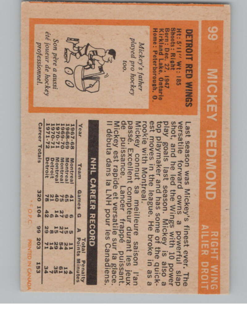 1972-73 O-Pee-Chee #99 Mickey Redmond  Detroit Red Wings  V99463 Image 2