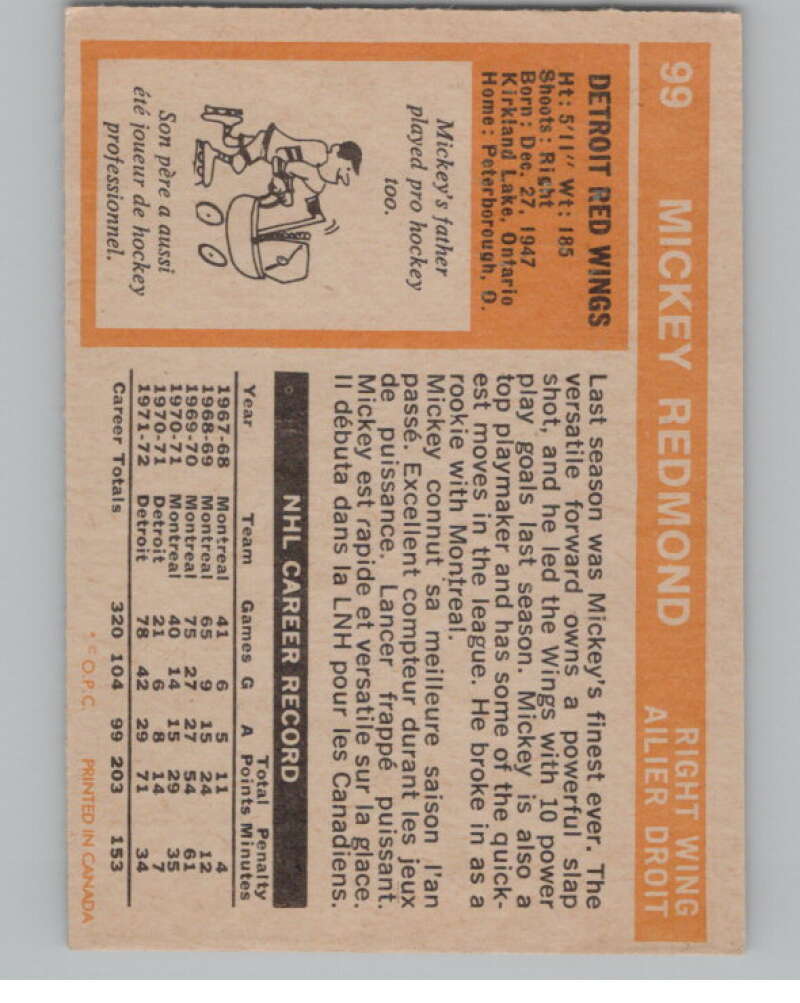 1972-73 O-Pee-Chee #99 Mickey Redmond  Detroit Red Wings  V99464 Image 2