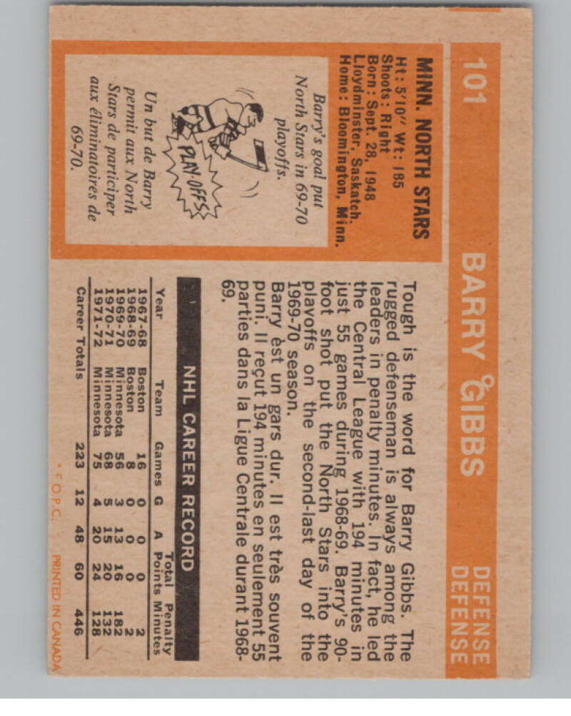 1972-73 O-Pee-Chee #101 Barry Gibbs  RC Rookie North Stars  V99465 Image 2