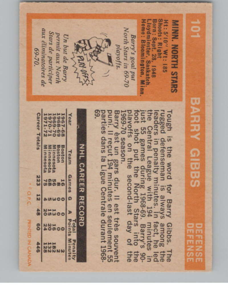 1972-73 O-Pee-Chee #101 Barry Gibbs  RC Rookie North Stars  V99466 Image 2