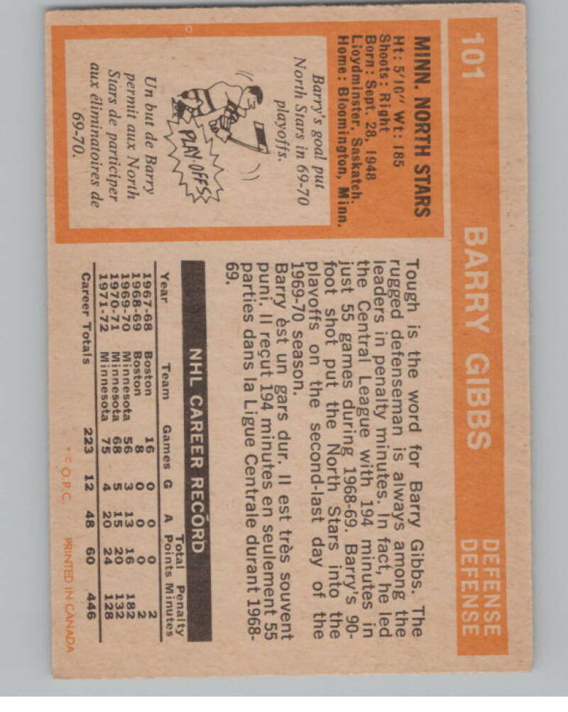 1972-73 O-Pee-Chee #101 Barry Gibbs  RC Rookie North Stars  V99467 Image 2