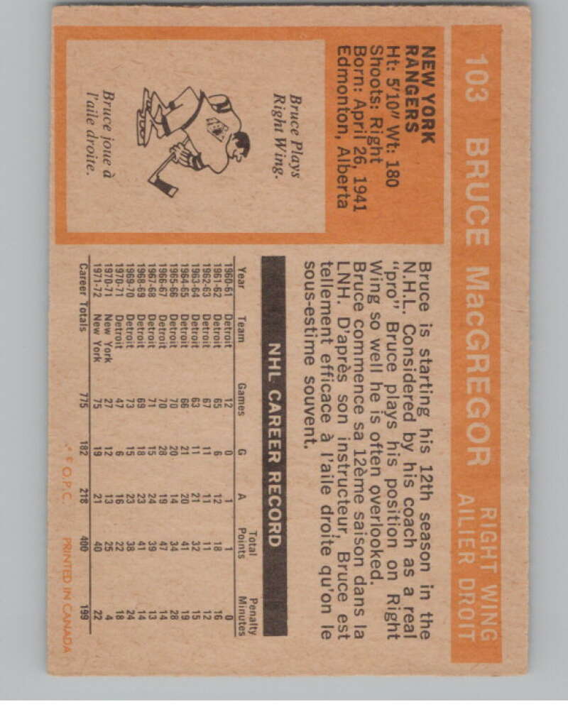 1972-73 O-Pee-Chee #103 Bruce MacGregor  New York Rangers  V99468 Image 2