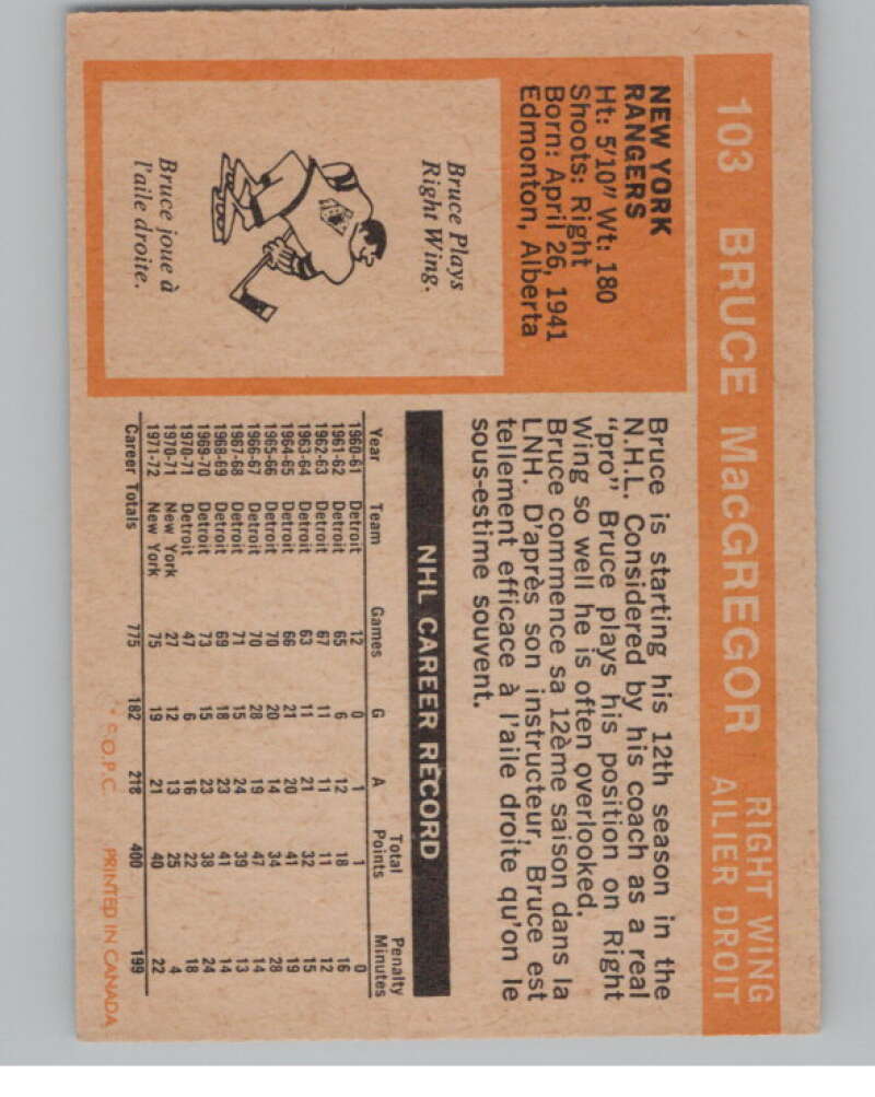 1972-73 O-Pee-Chee #103 Bruce MacGregor  New York Rangers  V99469 Image 2