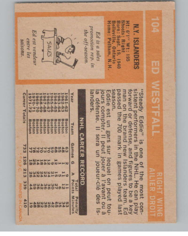 1972-73 O-Pee-Chee #104 Ed Westfall  New York Islanders  V99470 Image 2