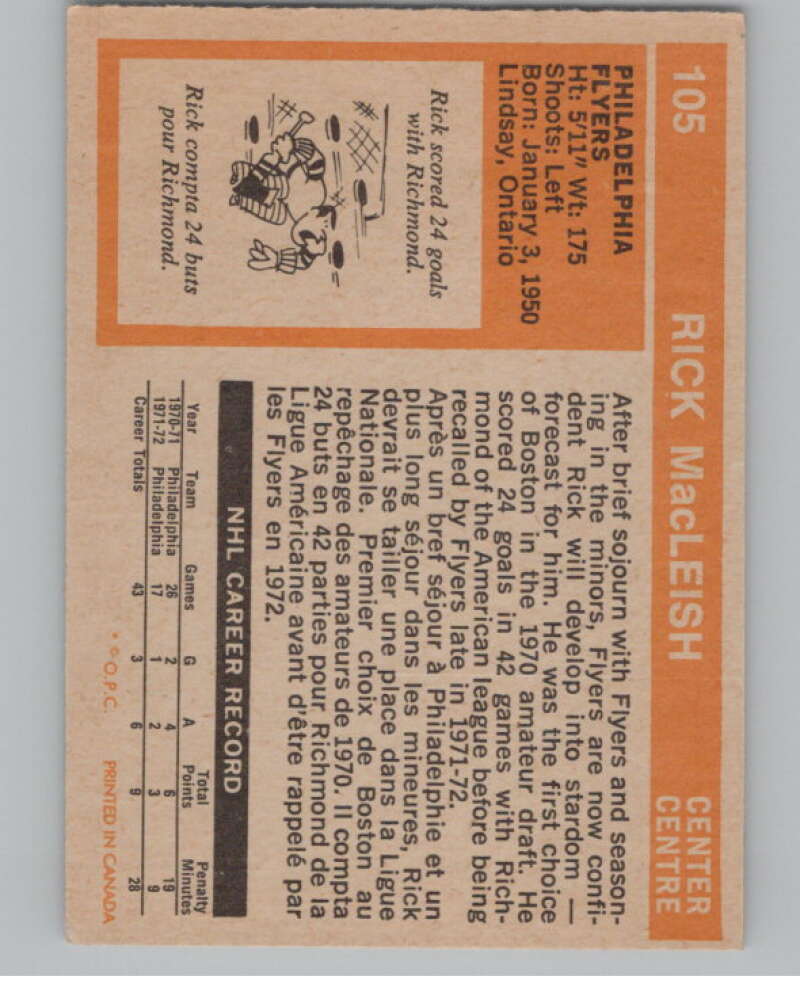1972-73 O-Pee-Chee #105 Rick MacLeish  Philadelphia Flyers  V99471 Image 2