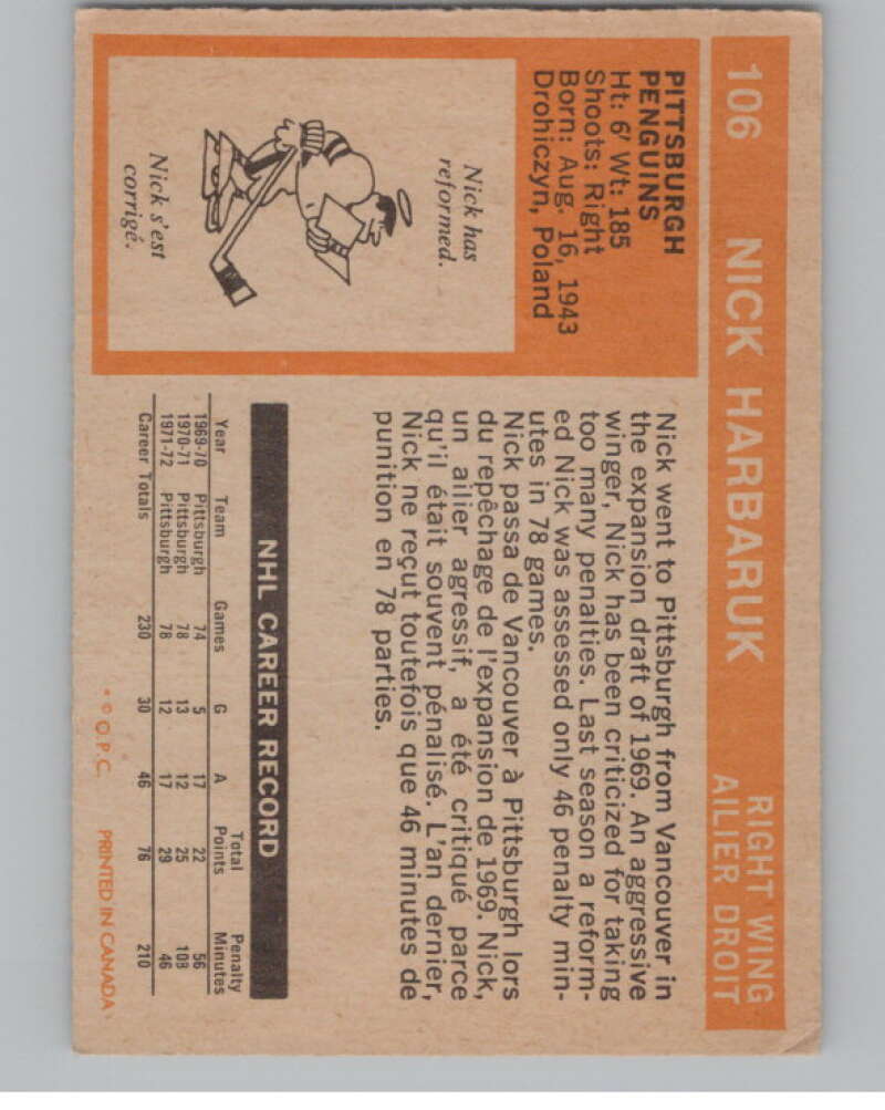 1972-73 O-Pee-Chee #106 Nick Harbaruk  Pittsburgh Penguins  V99472 Image 2