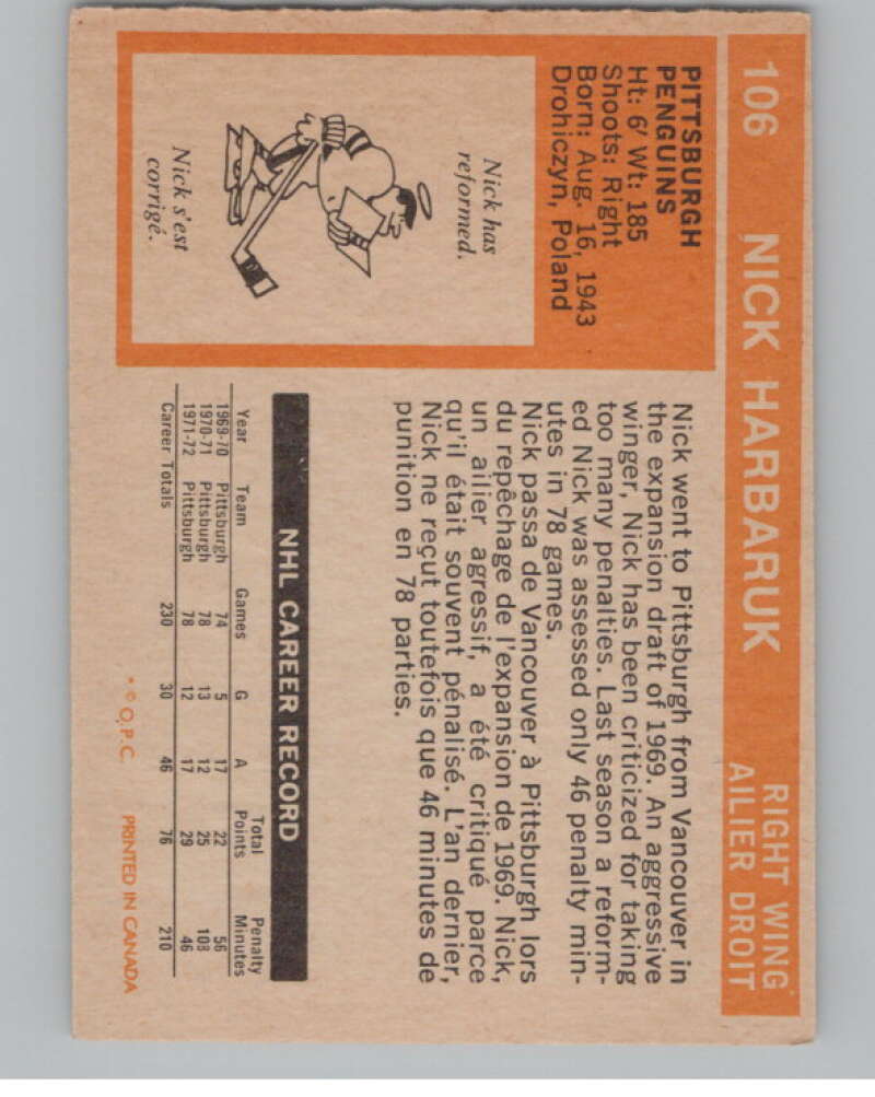 1972-73 O-Pee-Chee #106 Nick Harbaruk  Pittsburgh Penguins  V99473 Image 2