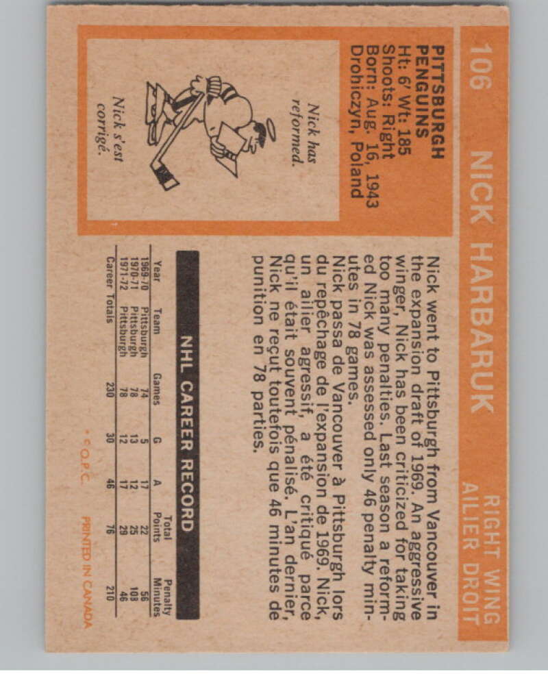 1972-73 O-Pee-Chee #106 Nick Harbaruk  Pittsburgh Penguins  V99474 Image 2