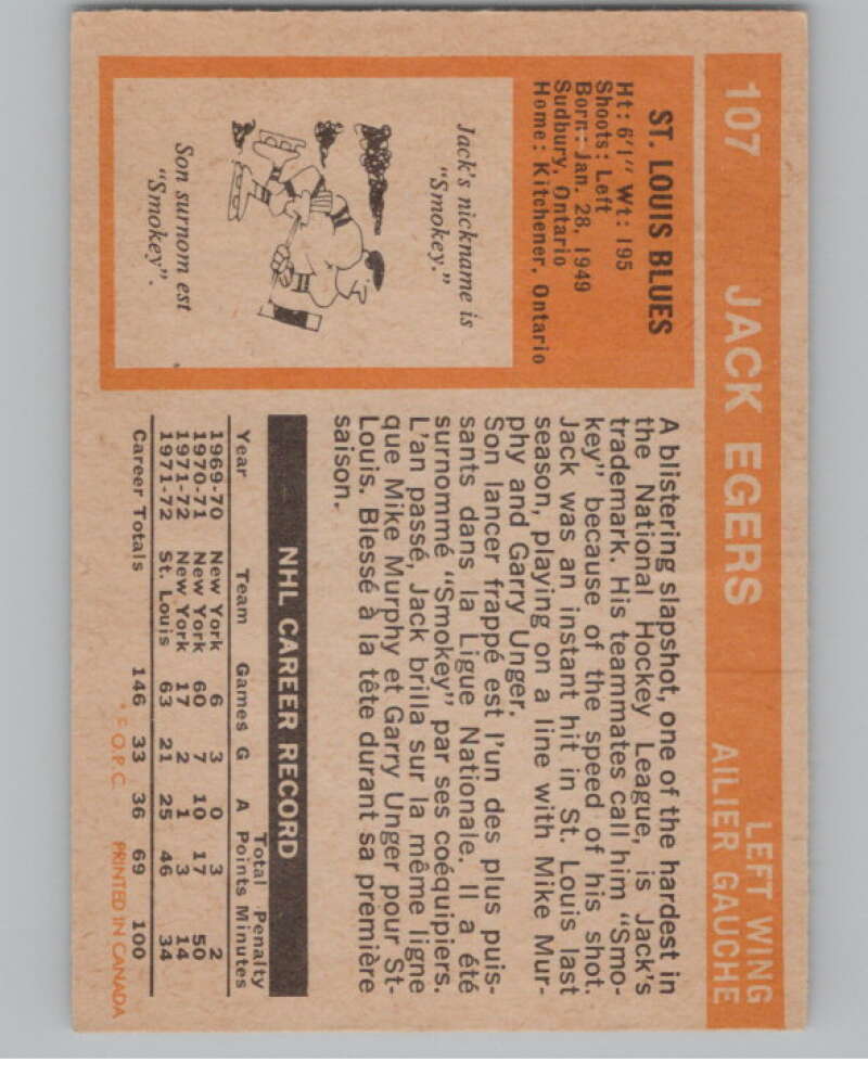 1972-73 O-Pee-Chee #107 Jack Egers  RC Rookie St. Louis Blues  V99477 Image 2