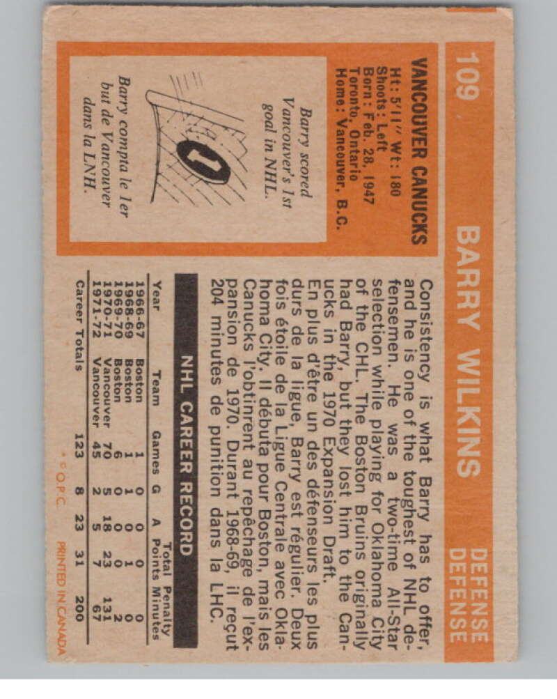1972-73 O-Pee-Chee #109 Barry Wilkins  Vancouver Canucks  V99478 Image 2