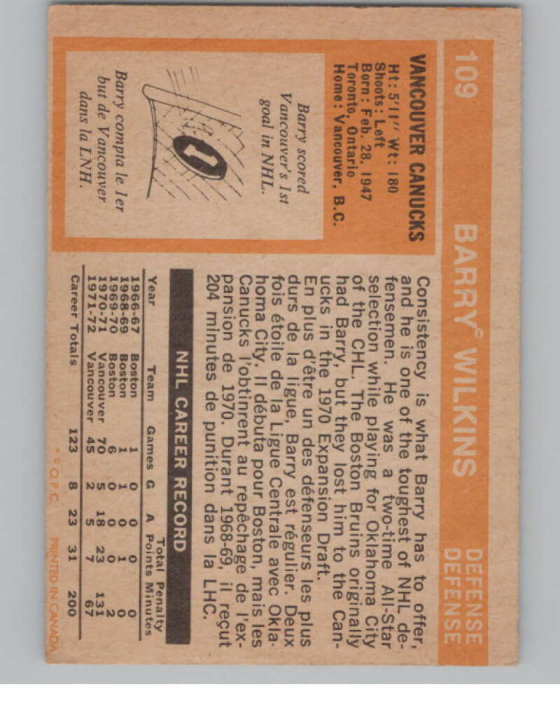 1972-73 O-Pee-Chee #109 Barry Wilkins  Vancouver Canucks  V99479 Image 2