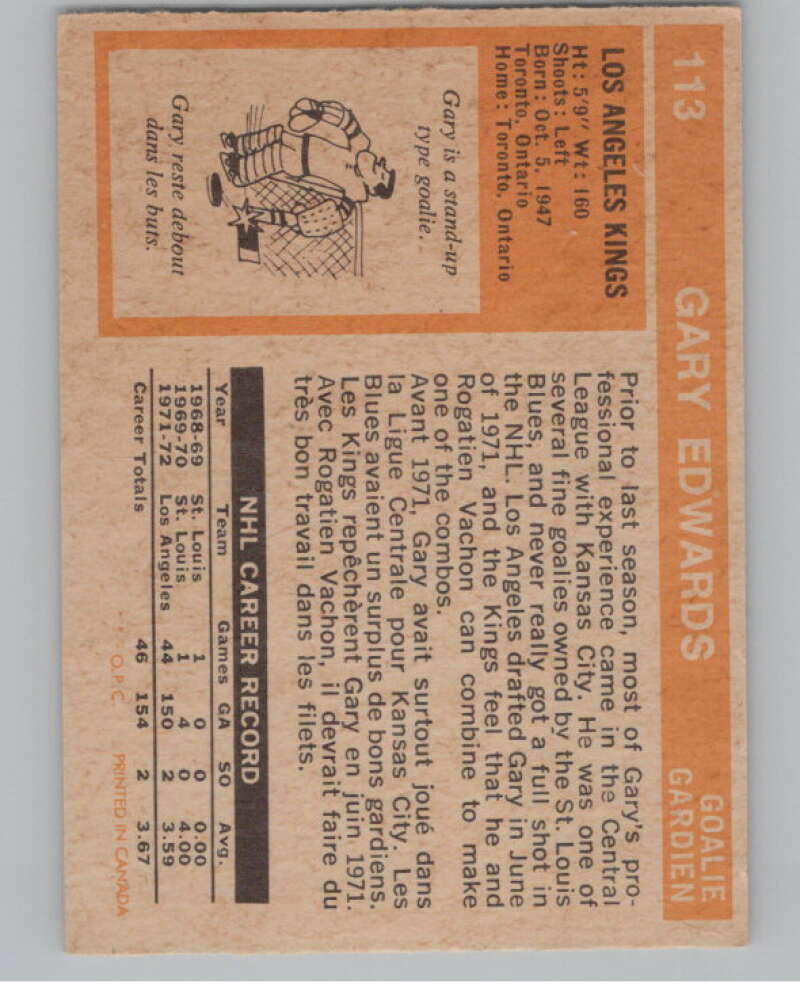 1972-73 O-Pee-Chee #113 Gary Edwards  Los Angeles Kings  V99482 Image 2