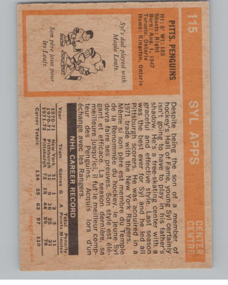 1972-73 O-Pee-Chee #115 Syl Apps Jr.  Pittsburgh Penguins  V99483 Image 2
