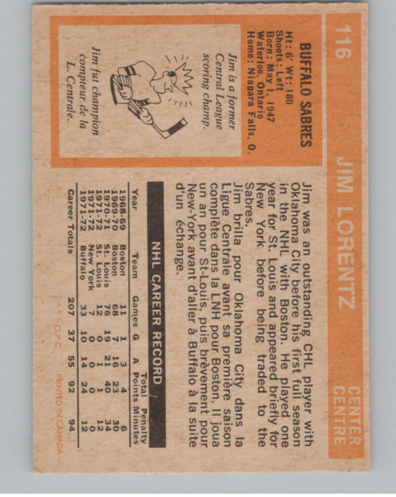 1972-73 O-Pee-Chee #116 Jim Lorentz  Buffalo Sabres  V99484 Image 2