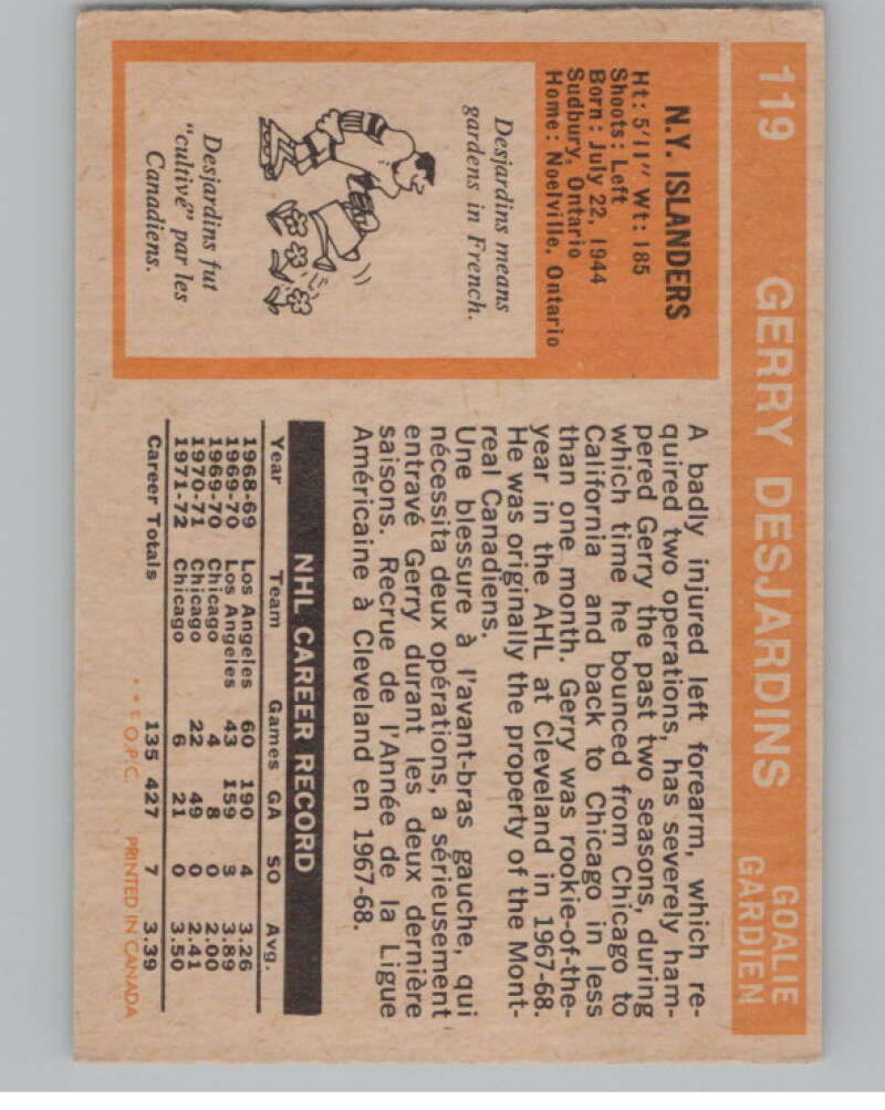 1972-73 O-Pee-Chee #119 Gerry Desjardins  New York Islanders  V99488 Image 2