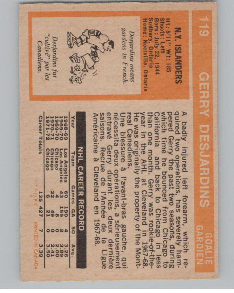 1972-73 O-Pee-Chee #119 Gerry Desjardins  New York Islanders  V99489 Image 2