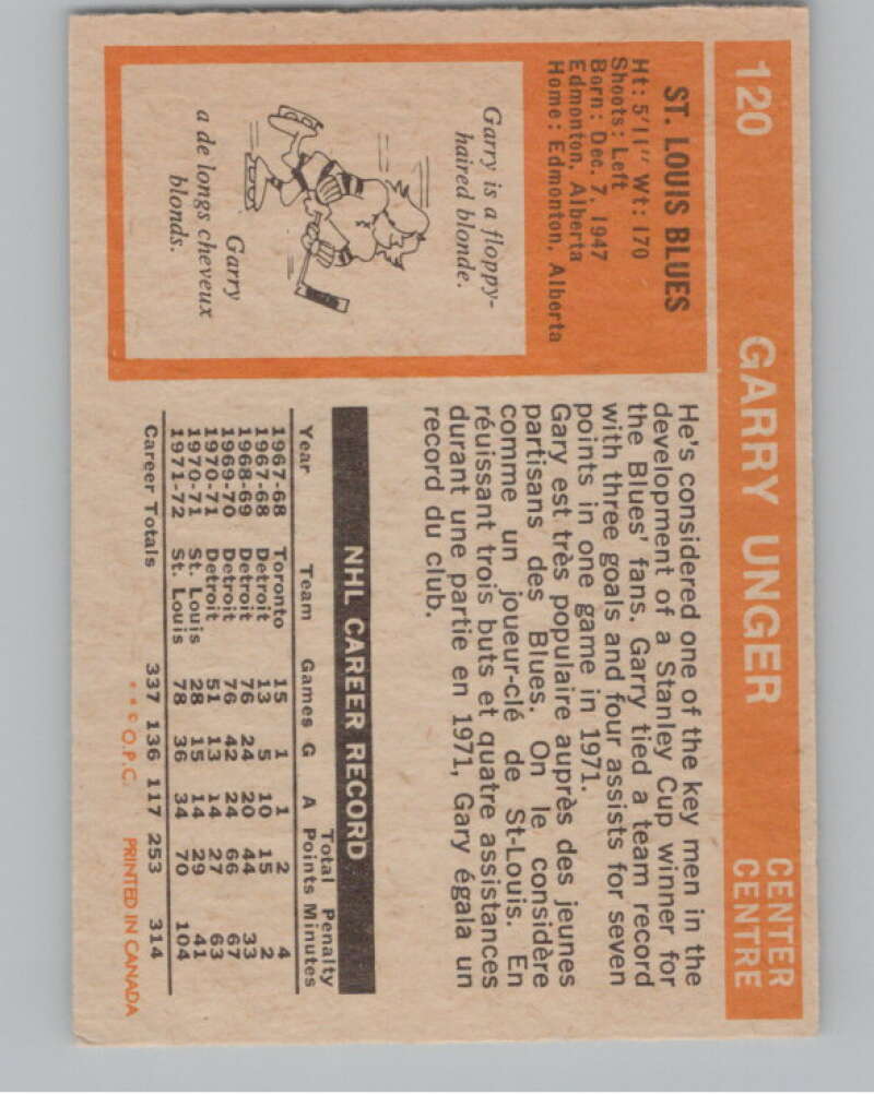 1972-73 O-Pee-Chee #120 Garry Unger  St. Louis Blues  V99490 Image 2