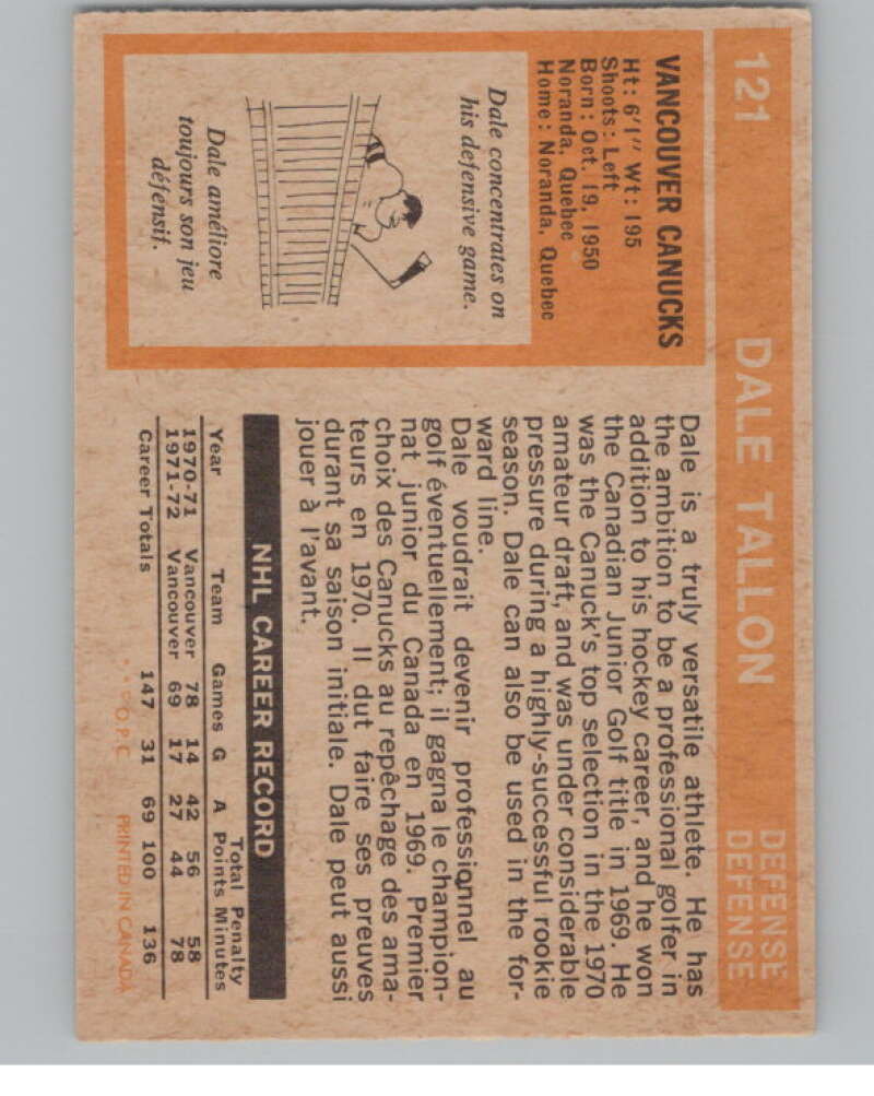 1972-73 O-Pee-Chee #121 Dale Tallon  Vancouver Canucks  V99491 Image 2