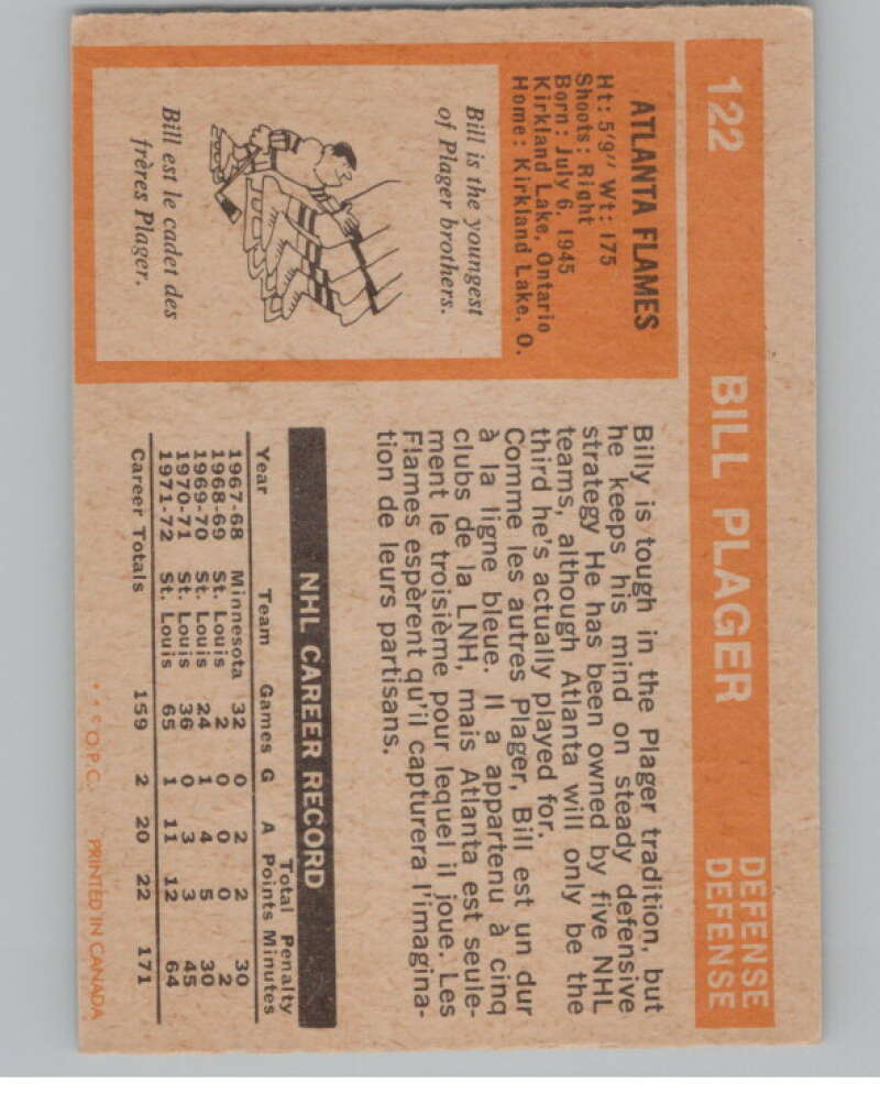 1972-73 O-Pee-Chee #122 Bill Plager  RC Rookie Atlanta Flames  V99493 Image 2
