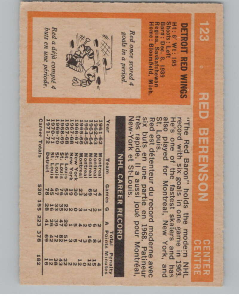 1972-73 O-Pee-Chee #123 Red Berenson  Detroit Red Wings  V99494 Image 2