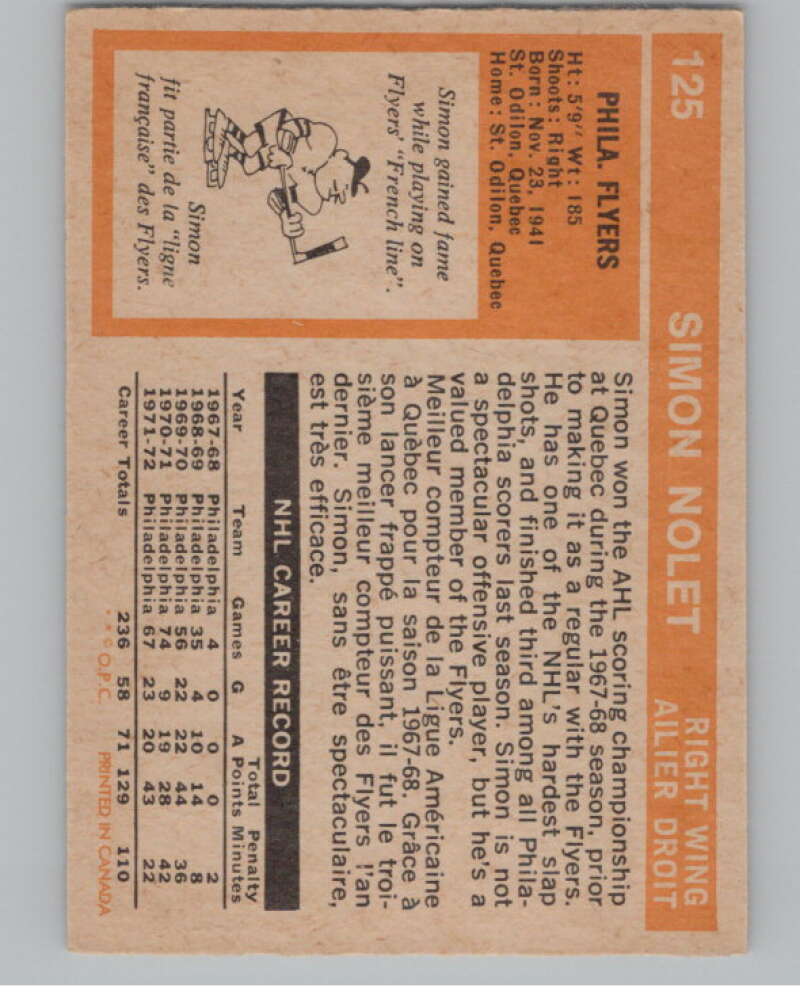 1972-73 O-Pee-Chee #125 Simon Nolet  Philadelphia Flyers  V99496 Image 2