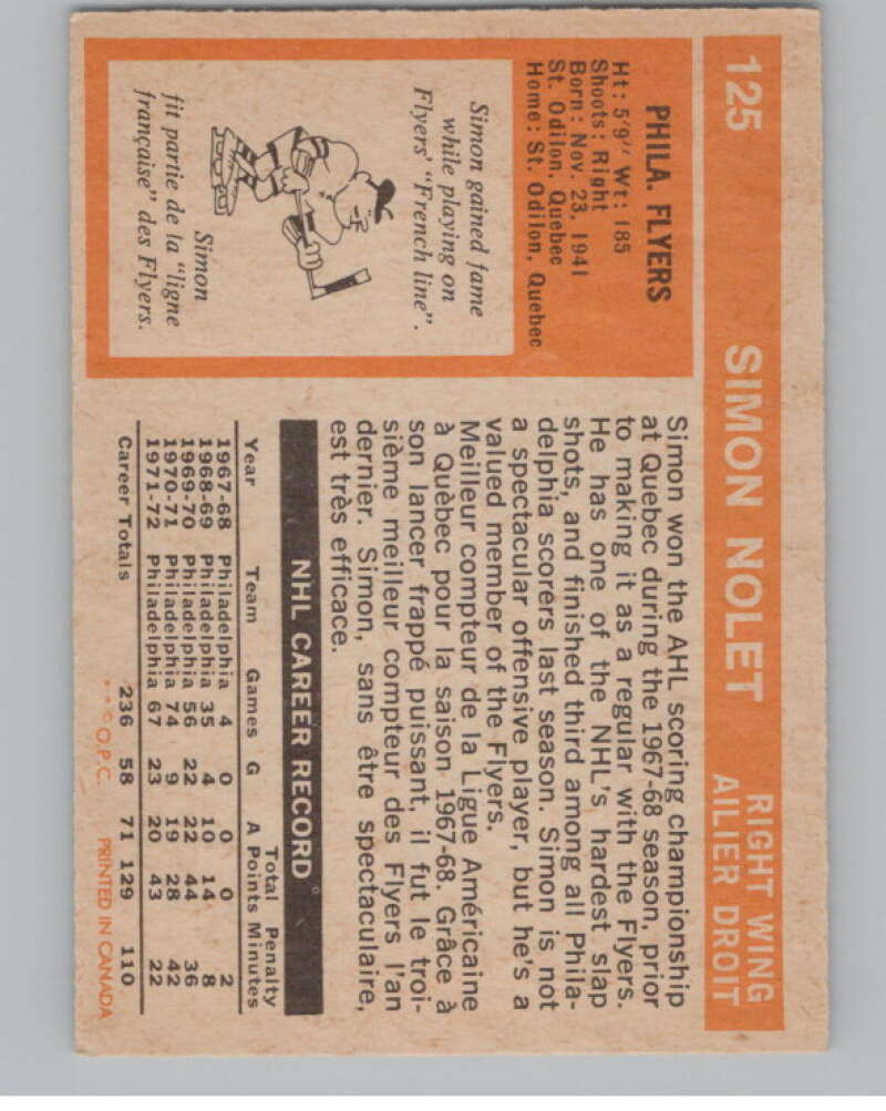1972-73 O-Pee-Chee #125 Simon Nolet  Philadelphia Flyers  V99497 Image 2