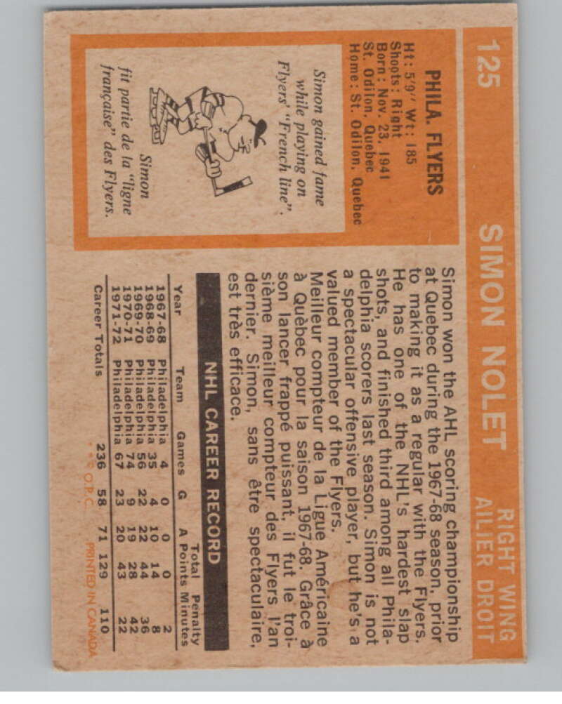 1972-73 O-Pee-Chee #125 Simon Nolet  Philadelphia Flyers  V99498 Image 2