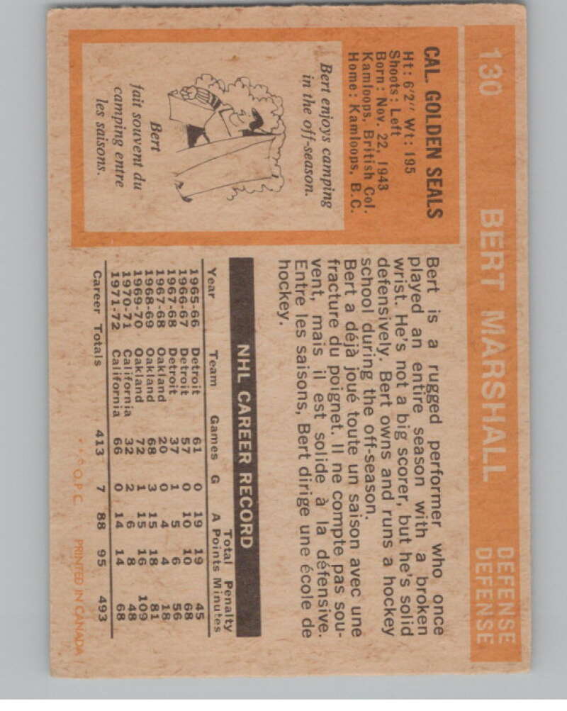 1972-73 O-Pee-Chee #130 Bert Marshall  California Golden Seals  V99499 Image 2