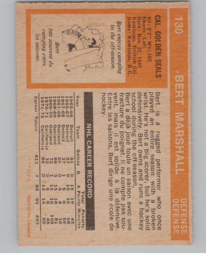 1972-73 O-Pee-Chee #130 Bert Marshall  California Golden Seals  V99500 Image 2