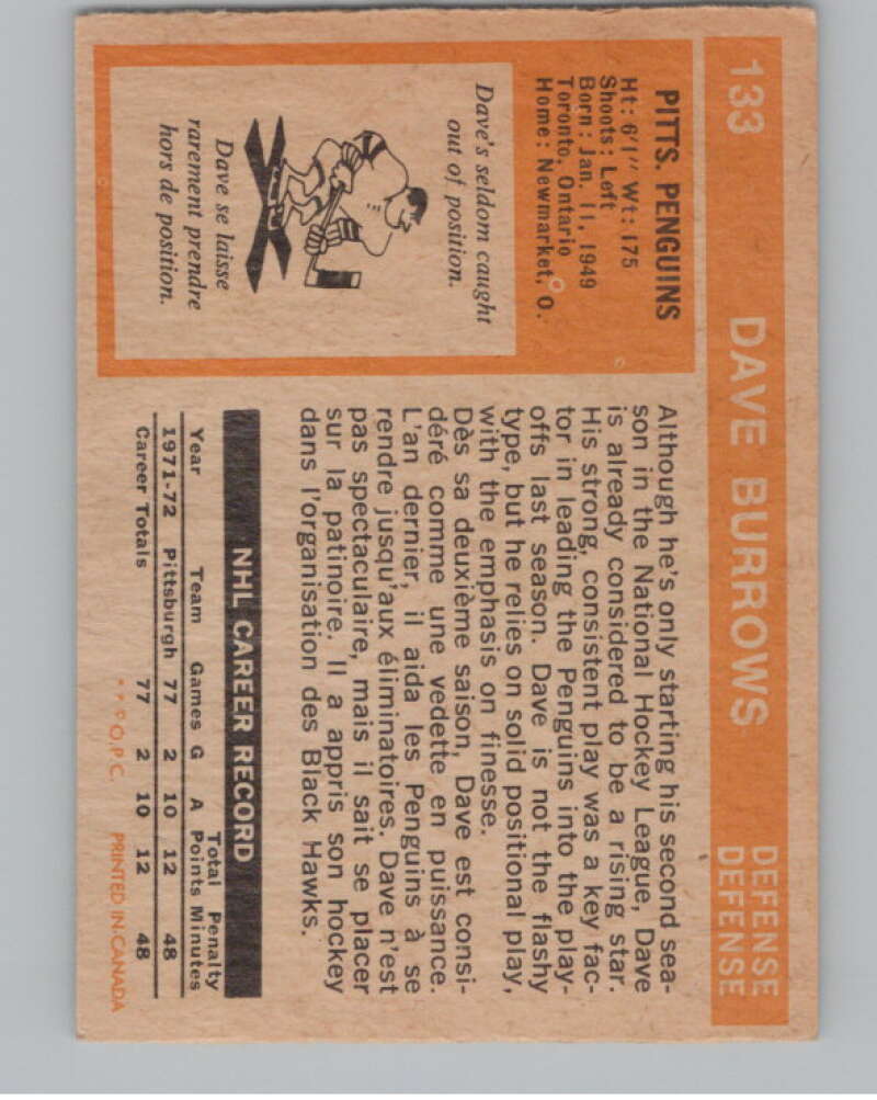 1972-73 O-Pee-Chee #133 Dave Burrows  RC Rookie Penguins  V99502 Image 2