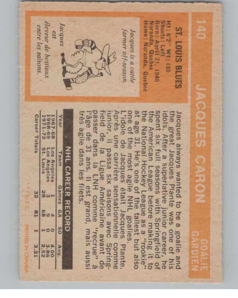 1972-73 O-Pee-Chee #140 Jacques Caron  RC Rookie St. Louis Blues  V99505 Image 2