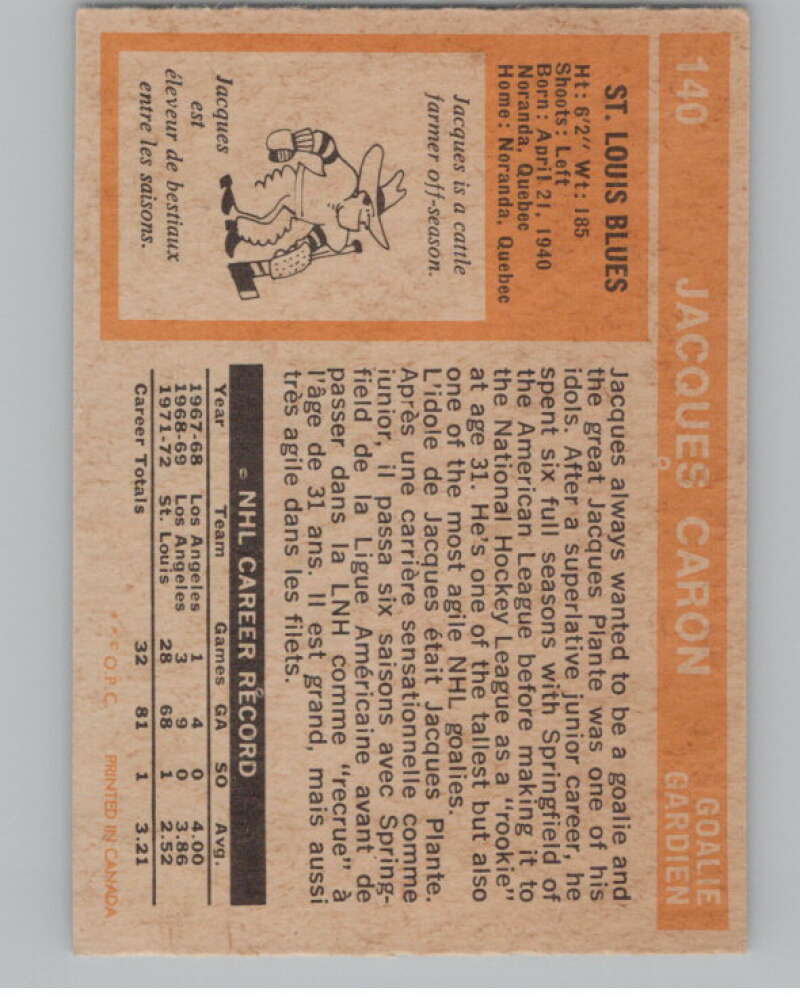 1972-73 O-Pee-Chee #140 Jacques Caron  RC Rookie St. Louis Blues  V99506 Image 2