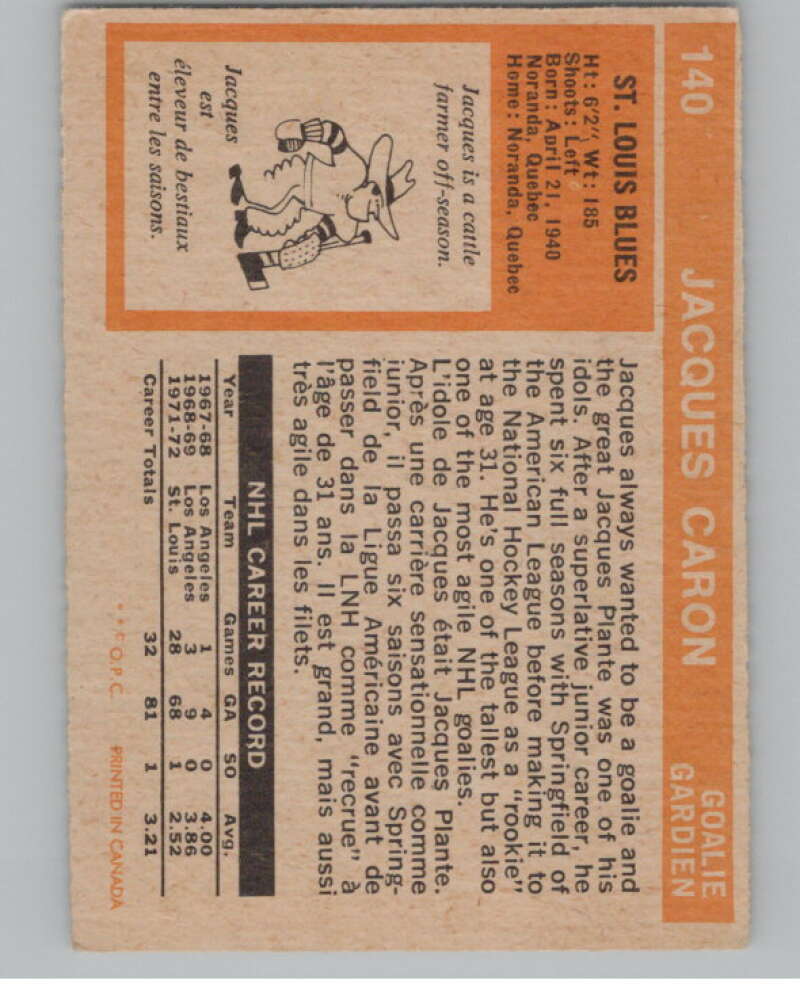 1972-73 O-Pee-Chee #140 Jacques Caron  RC Rookie St. Louis Blues  V99507 Image 2